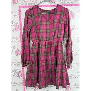 Fancyinn dress ruffle ruffles tiered frilly  Pink Plaid Tiered Mini Dress